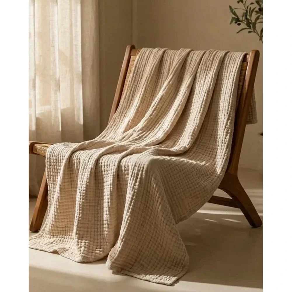 The Fleece Company 100% Muslin Cotton Throw Blanket Light Beige 130x150cm NEW